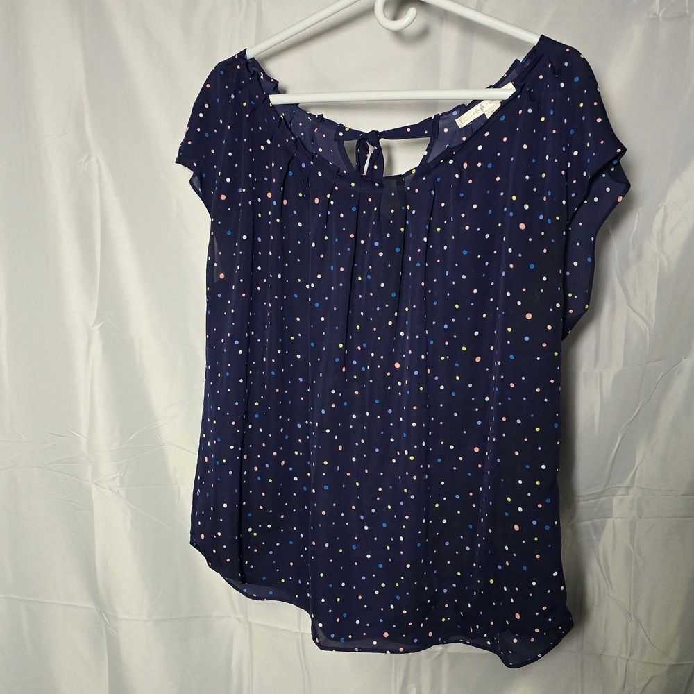 LC Lauren Conrad Womens XL Navy Polka Dot Flutter Sleeve Tie Back Blouse‎